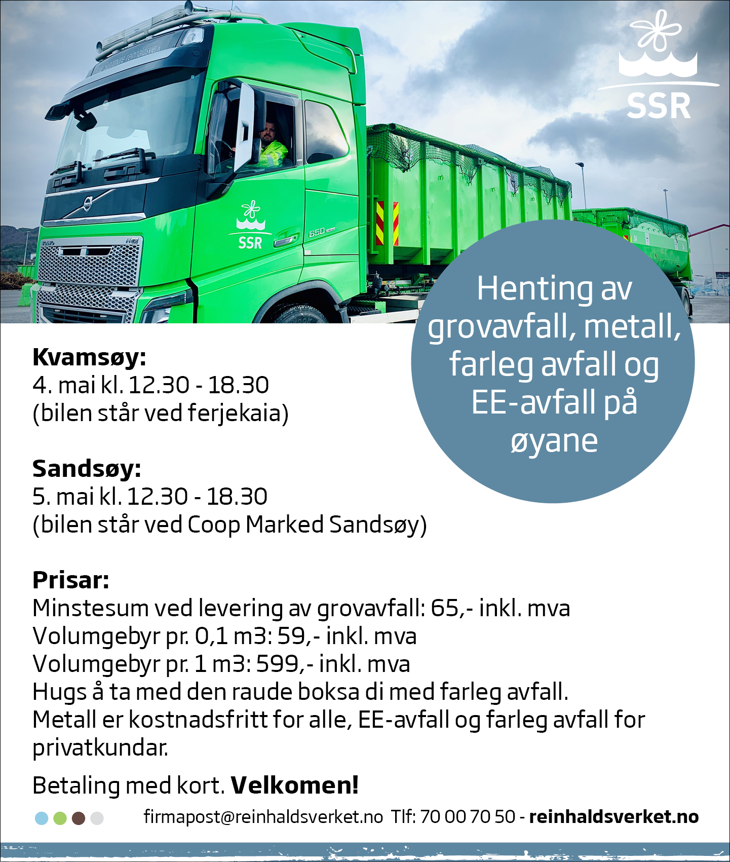 Annonse som viser dato for grovavfallshenting på Kvamsøy og Sandsøy. Bilde av lastebil, tekst med datoer og klokkeslett.