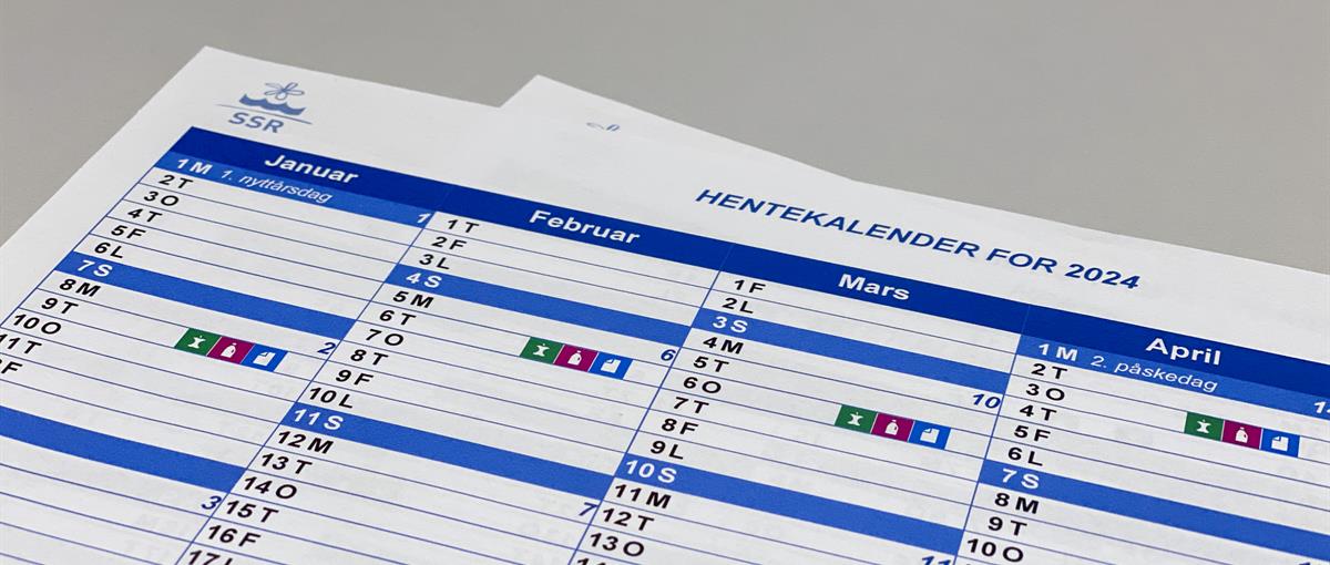 Foto som viser eit foto av ein kalender. Kalenderen har symbol for dei ulike avfallstypane.