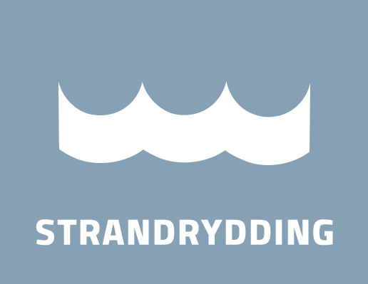 Illustrasjon av blå firkant der det står teksta strandrydding med ein illustrasjon av bølger over, i kvitt.